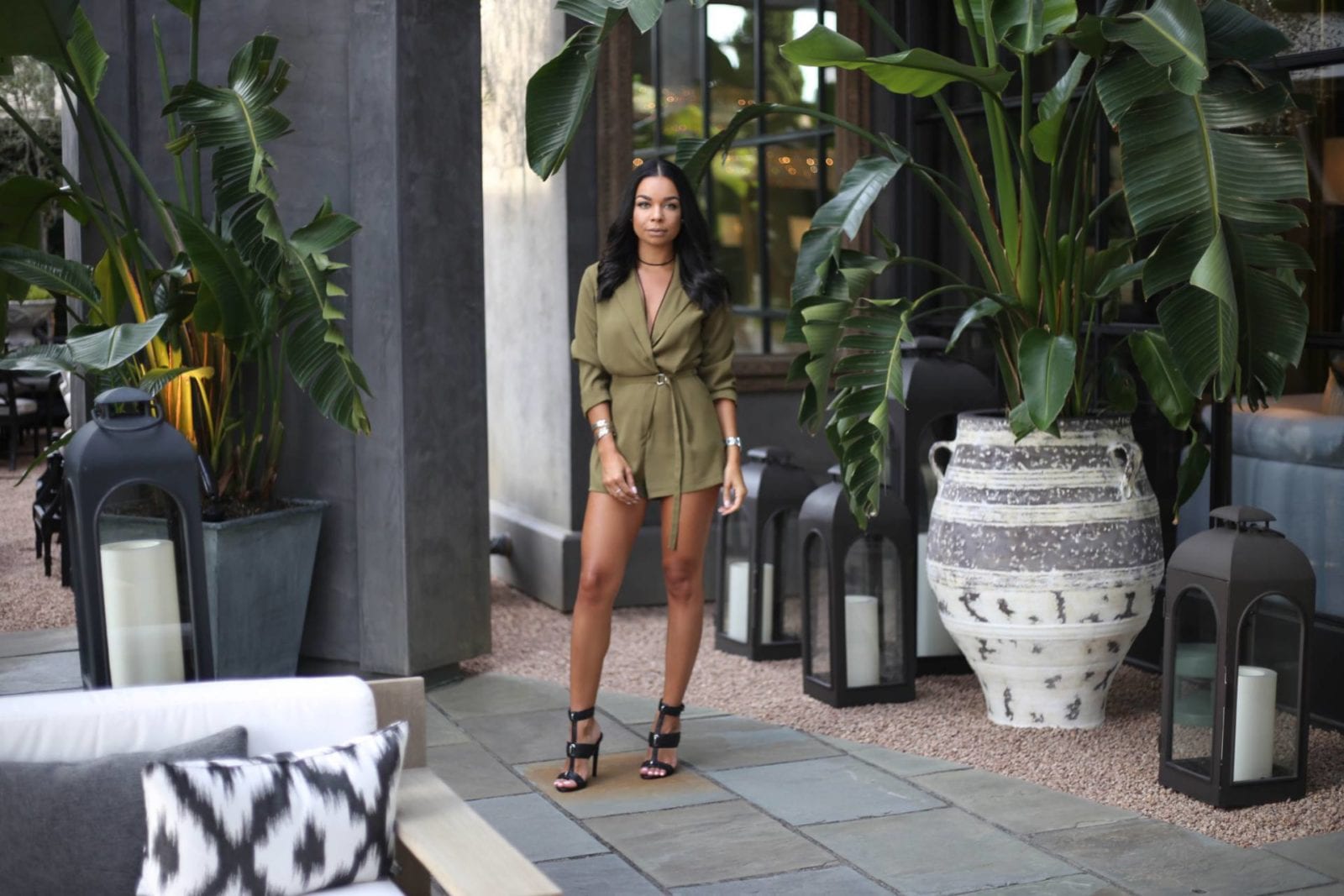 Olive Topshop Romper and L.A.M.B. Heels