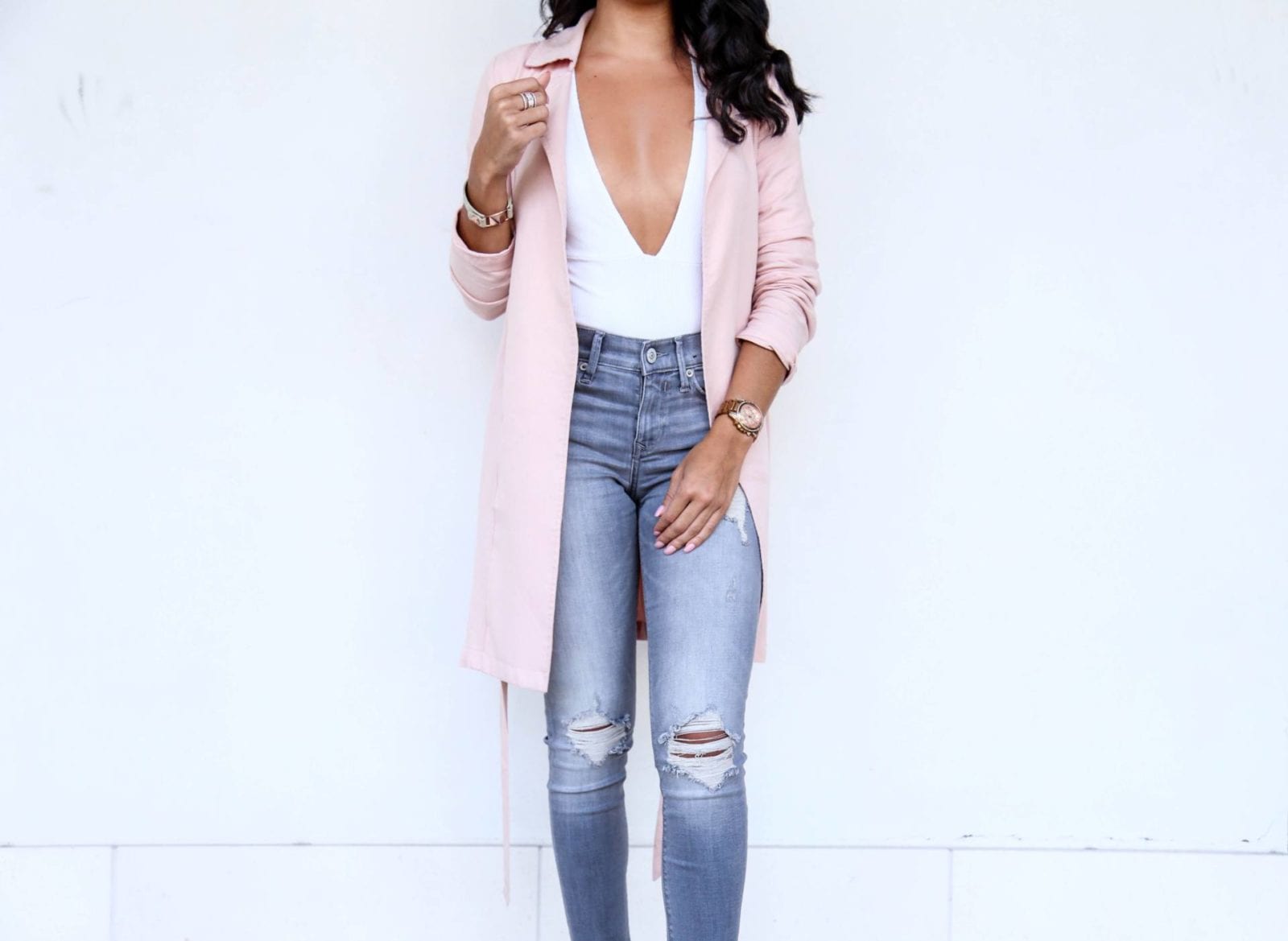 Pink Trench | White Bodysuit | Express Jeans