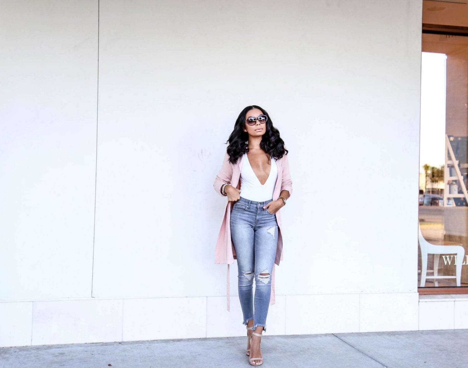 Pink Trench | White Bodysuit | Express Jeans
