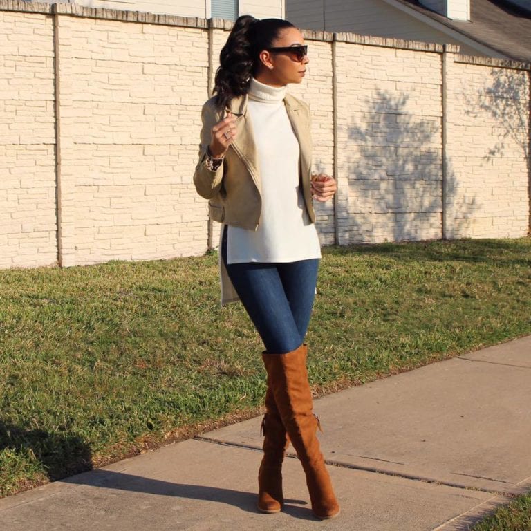 Dolce Vita OTK boots, turtleneck and suede moto jacket