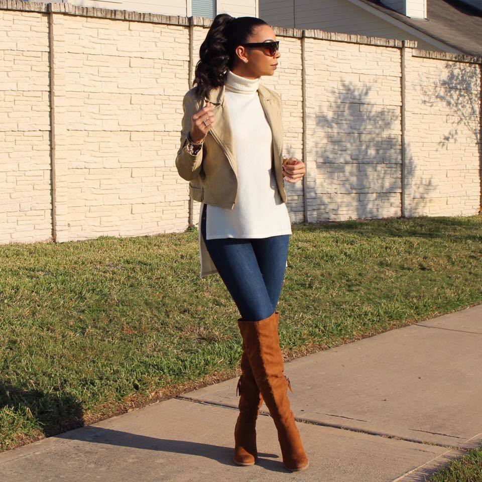 Dolce Vita OTK boots, turtleneck and suede moto jacket