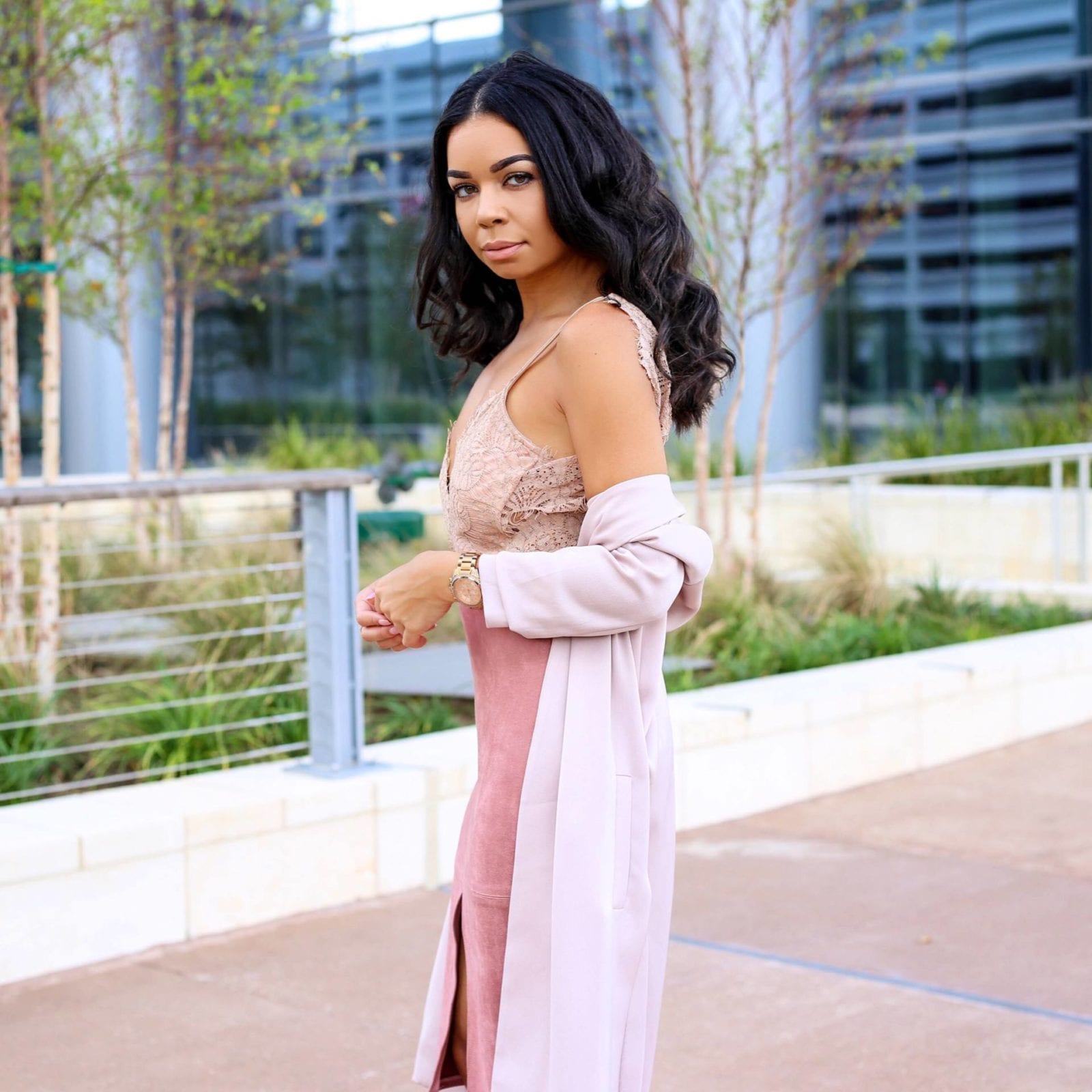 Pink Suede Pencil Skirt, Lace Bodysuit and Satin Trench | Style Guide