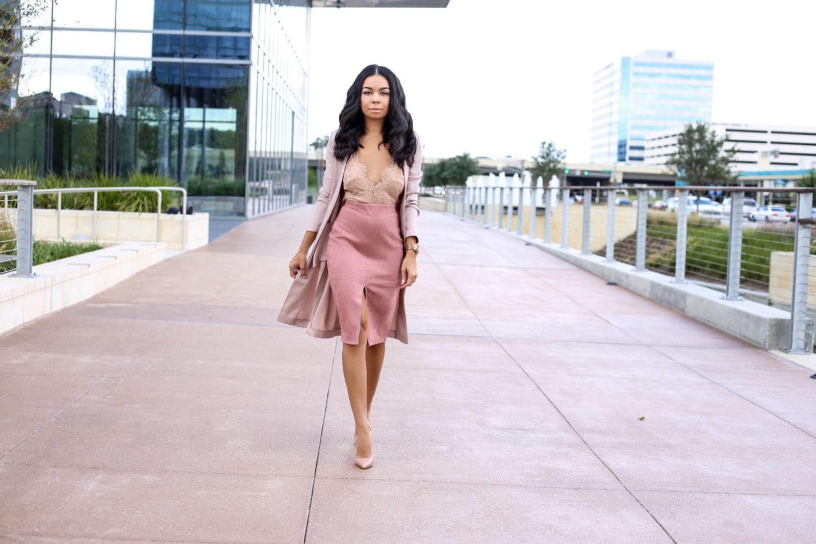 Pink Suede Pencil Skirt, Lace Bodysuit and Satin Trench | Style Guide