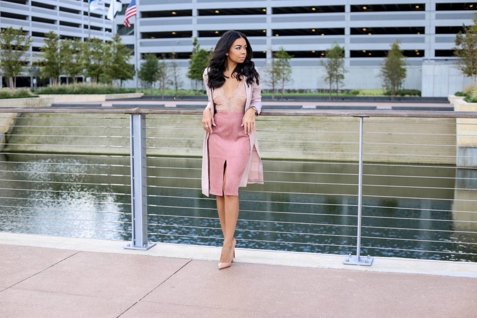 Pink Suede Pencil Skirt, Lace Bodysuit and Satin Trench | Style Guide