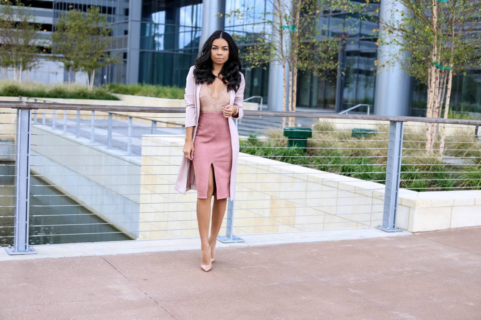 Pink Suede Pencil Skirt, Lace Bodysuit and Satin Trench | Style Guide