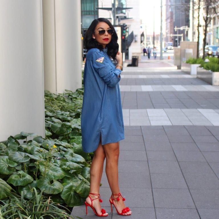 Woman in blue dress, red shoes