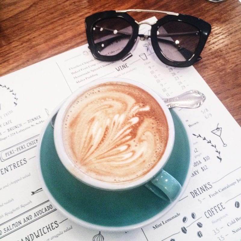 Latte art coffee and sunglasses