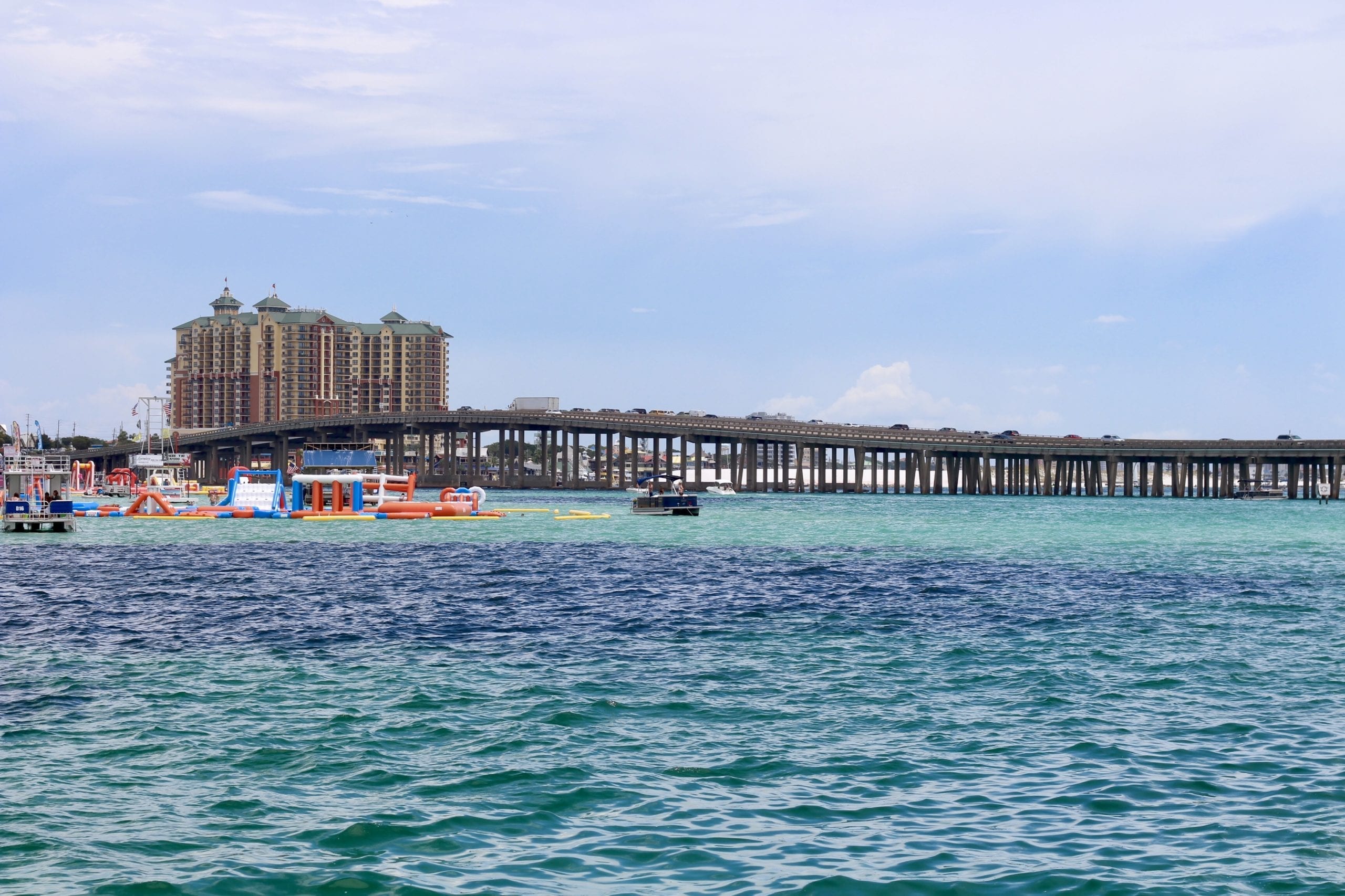 Coastal bridge over blue water