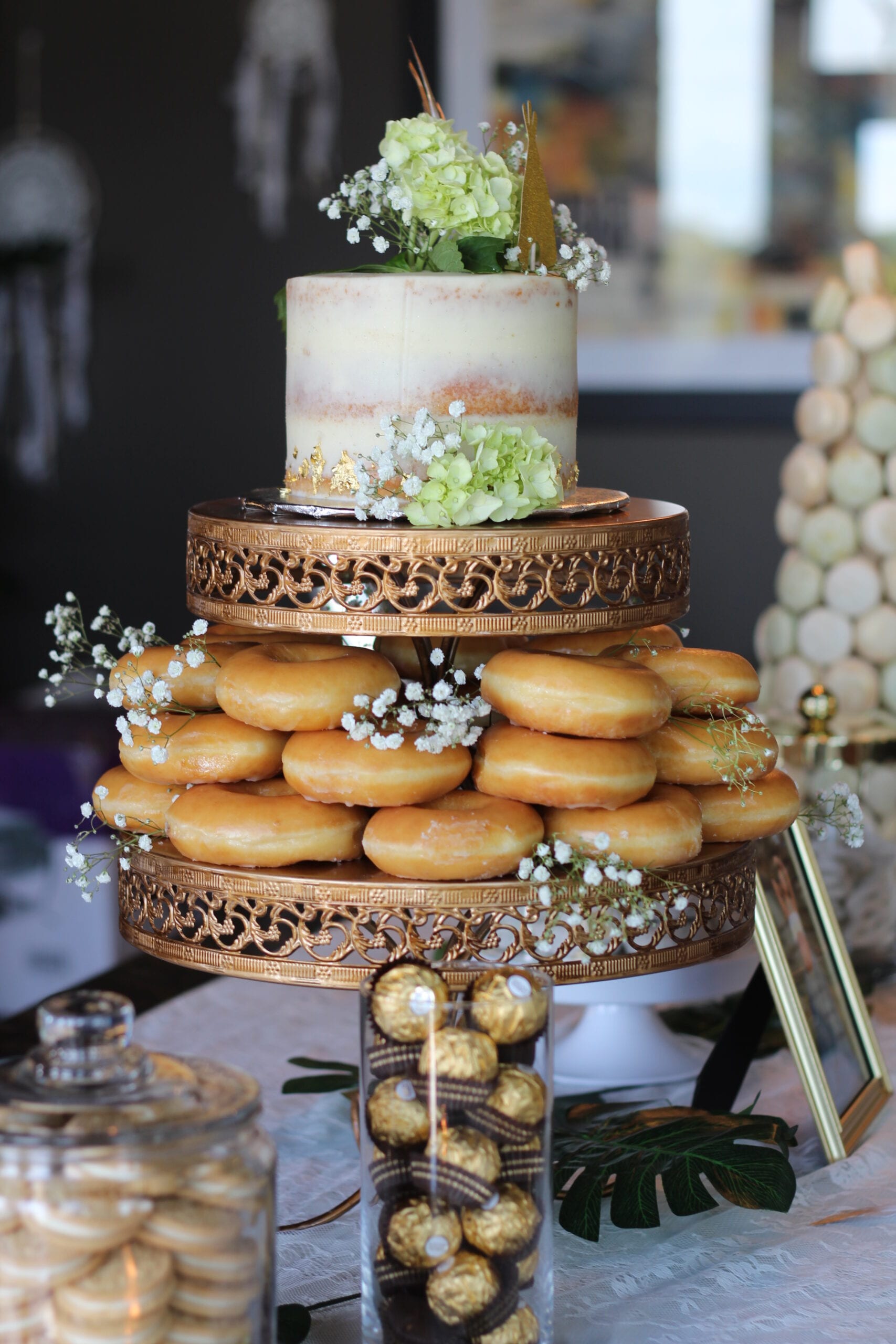 Donut cake and desserts display