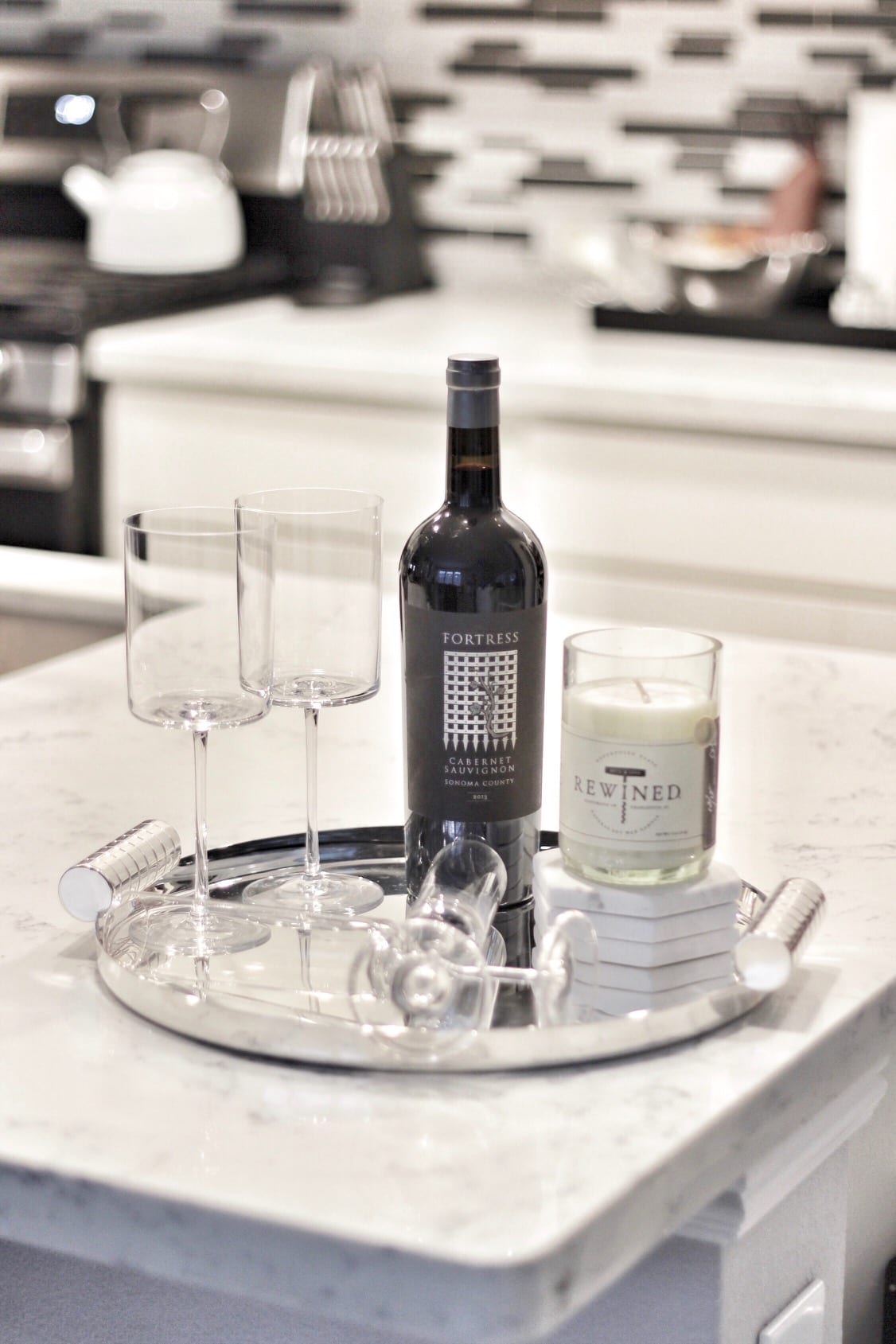 Wine, glasses, and candle tray