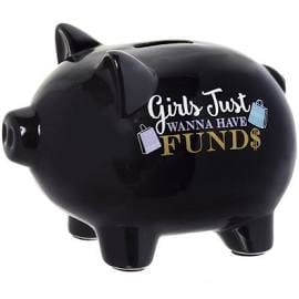 Black piggy bank with slogan