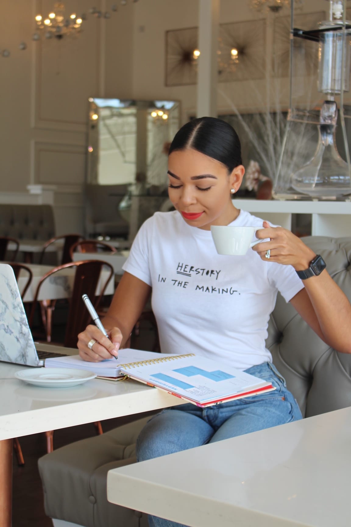 Woman working in cafe